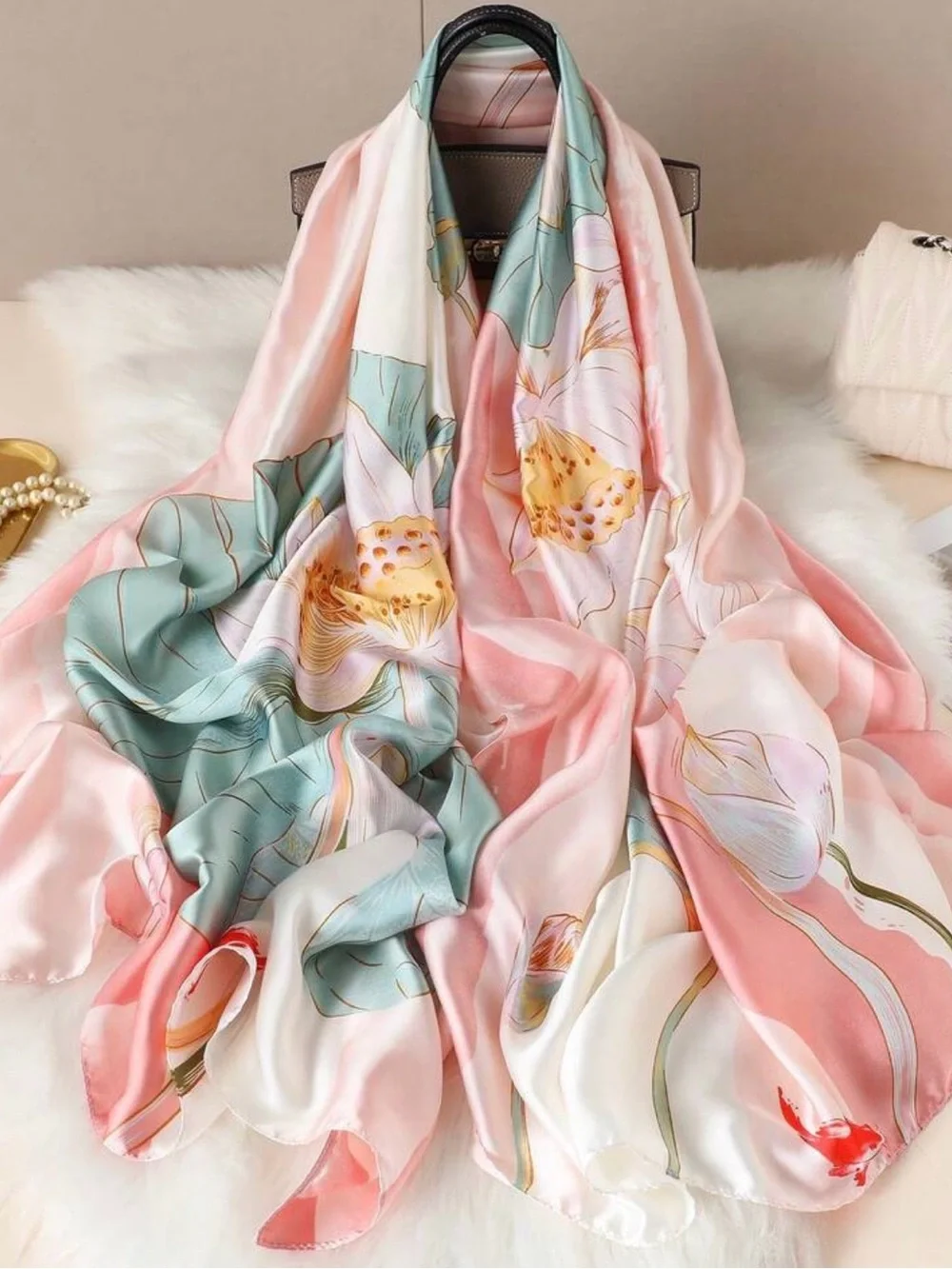 Large Silky Satin Square Scarf 70.9” x 35.4” Pink Lotus Shiny Wrap